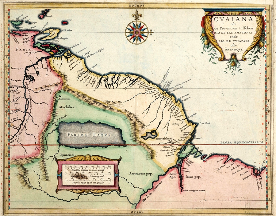 Lake Parime on a map by Hessel Gerritsz (1625). Situated at the west coast of the lake, was the city of Manõa or El Dorado.