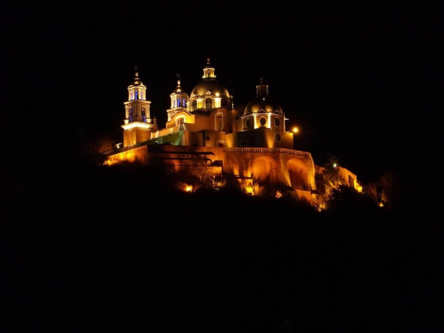 Church of Our Lady of Remedies at night.