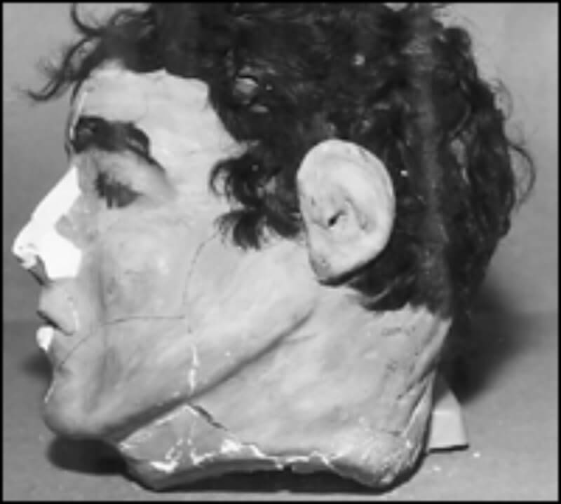 Dummy head found in Morris's cell. The broken nose resulted when the head rolled off the bed and struck the floor after a guard reached through the bars and pushed it.