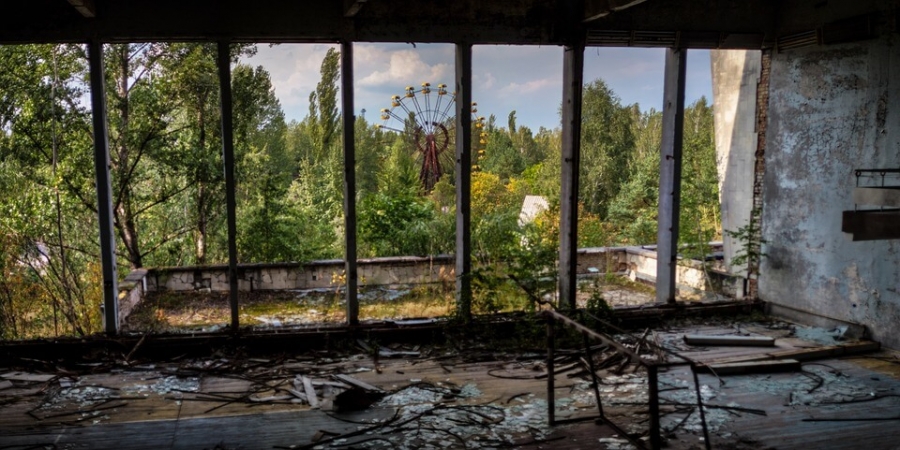 Pripyat amusement park, as seen from  inside the abandoned gym in Pripyat ghost town.