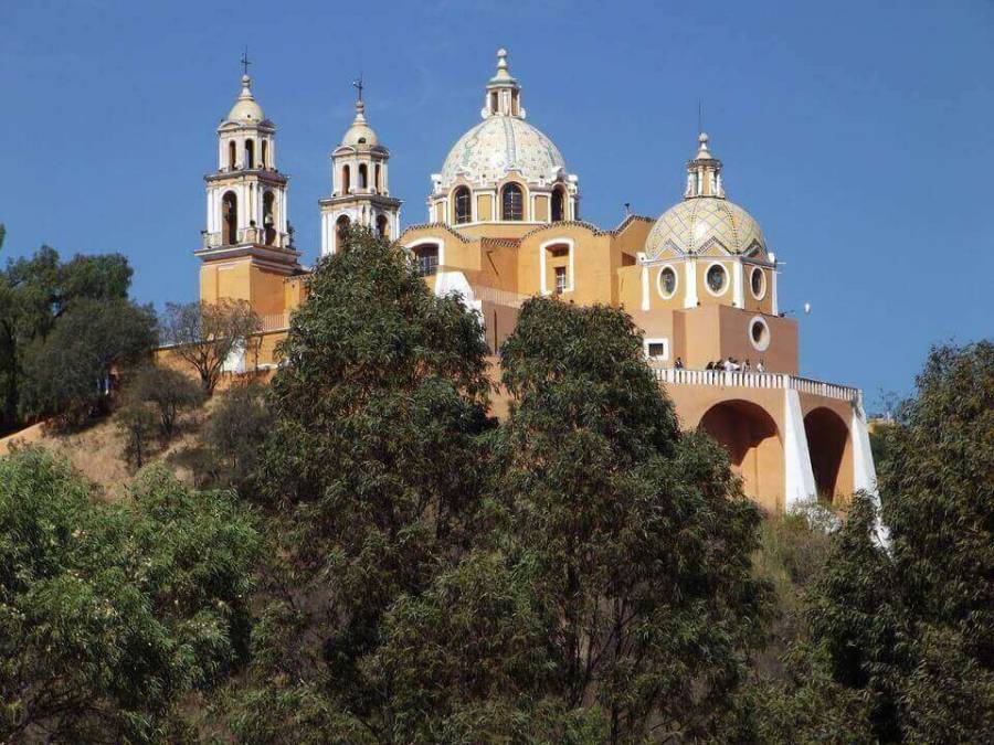 Church of Our Lady of Remedies over the hilltop formed by the Great Pyramid of Cholula.